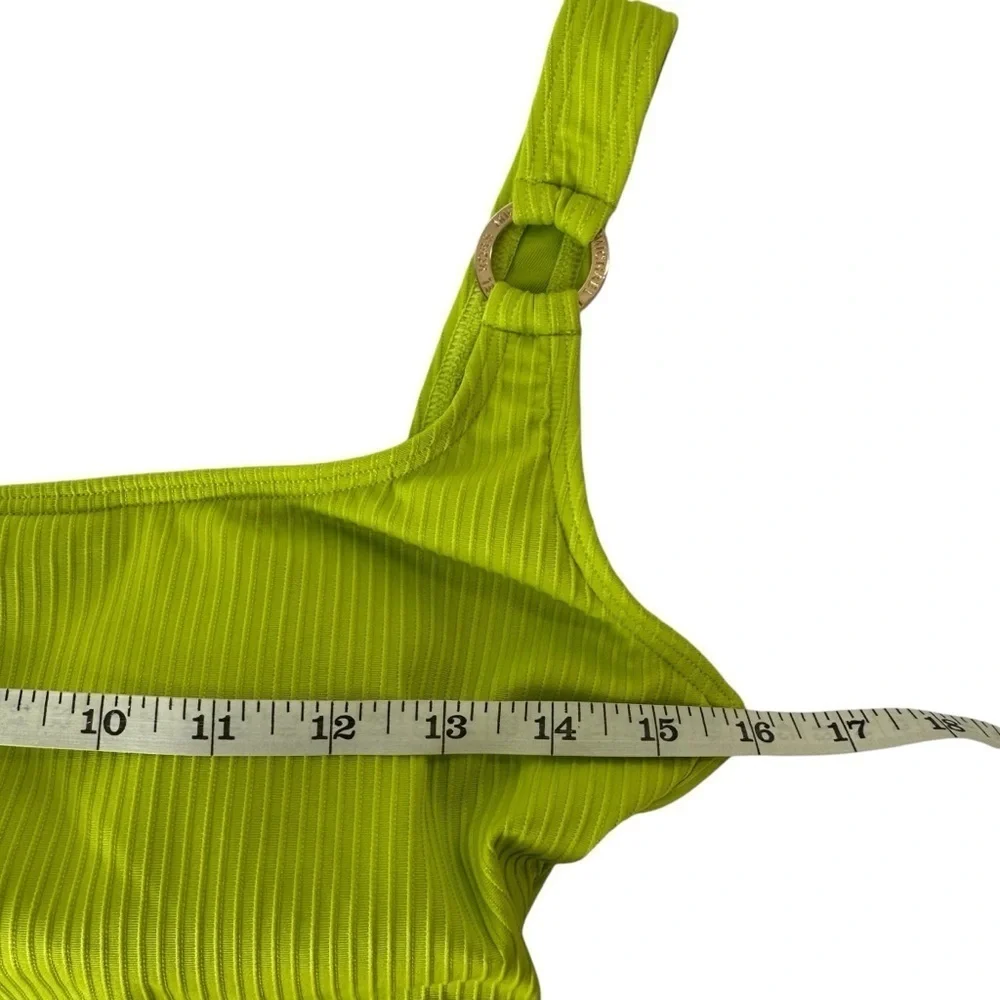 Michael Kors Vibrant Lime Green Ribbed One-Piece Swimsuit, Gold Accents, Small
